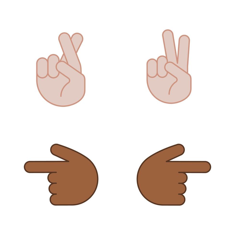 Hand gesture emojis color icons set. Luck, lie, victory, peace gesturing. Backhand index pointing left and right. Isolated vector illustrations