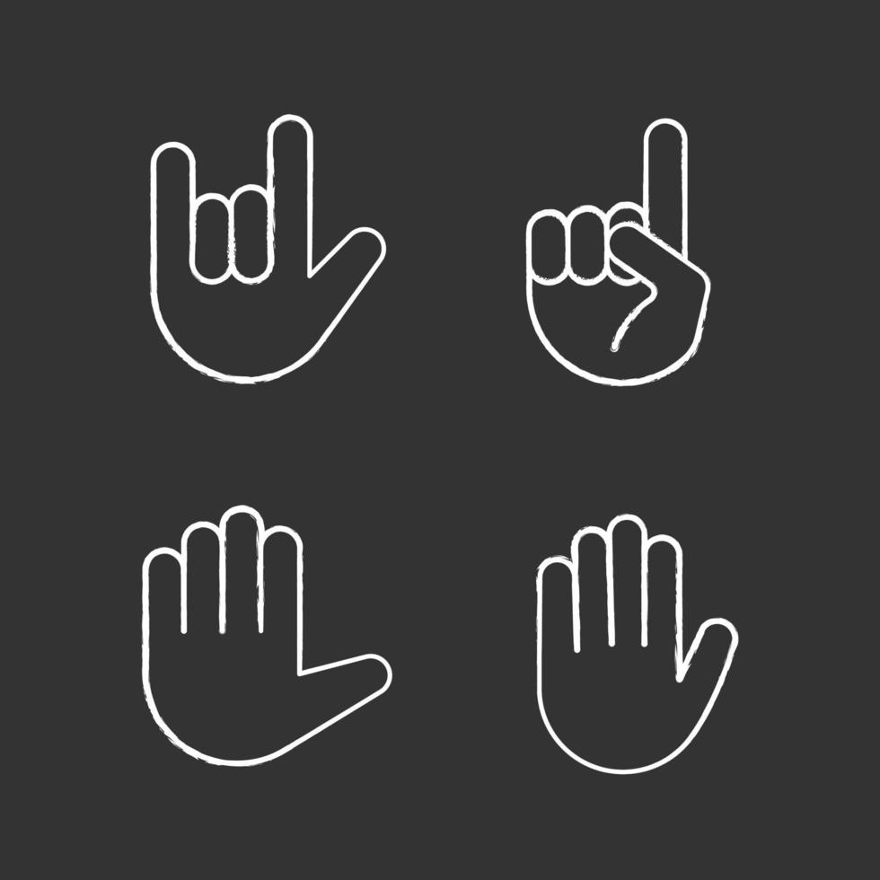 Hand gesture emojis chalk icons set. Love you, heavy metal, heaven, high five, stop gesturing. Devil fingers, index pointing up, raised hand. Isolated vector chalkboard illustrations