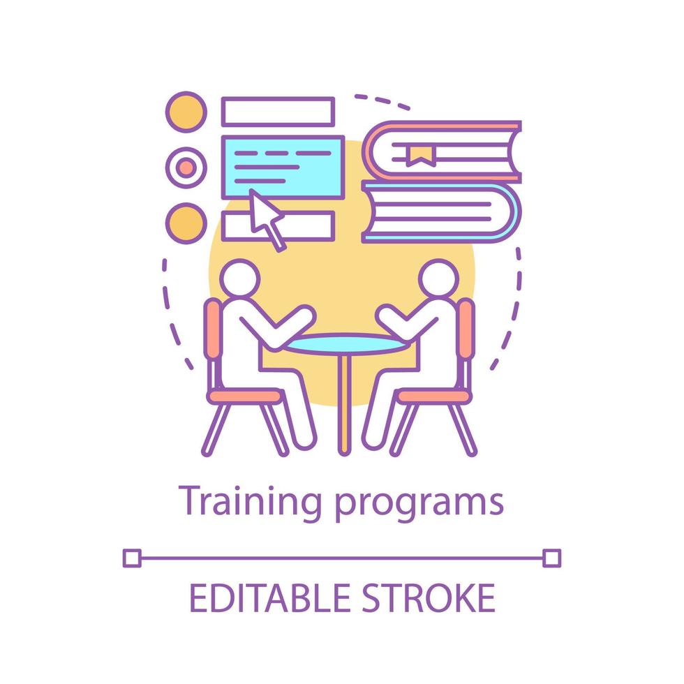 Training programs concept icon. Education idea thin line illustration. E-learning, virtual library. Webinar communication. University course book. Vector isolated outline drawing. Editable stroke