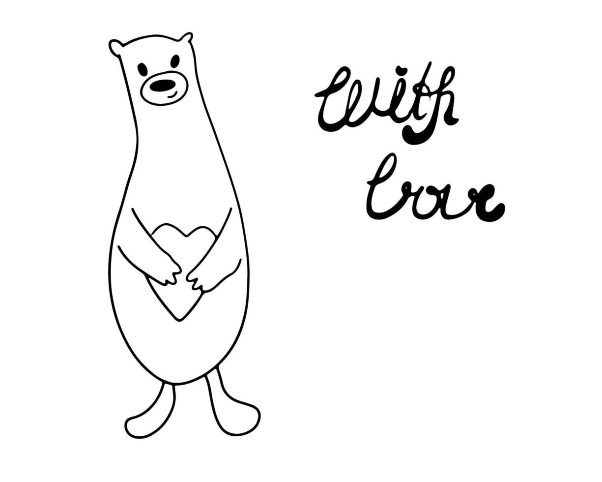 A cute bear holds a heart in his hands. Outline drawing vector