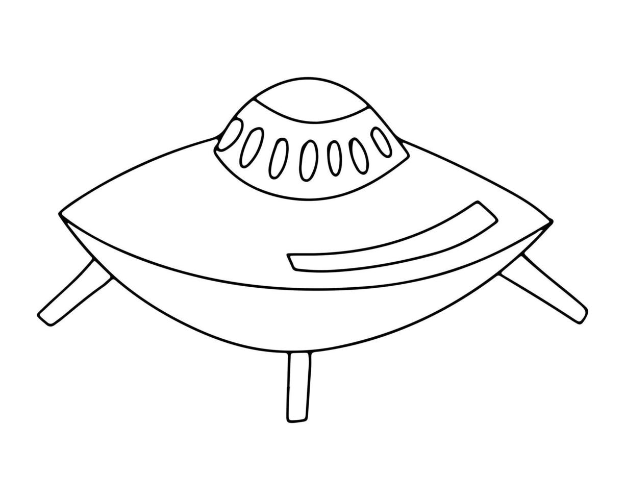 The flying saucer is drawn with a black outline. Icon, doodle, flying machine vector