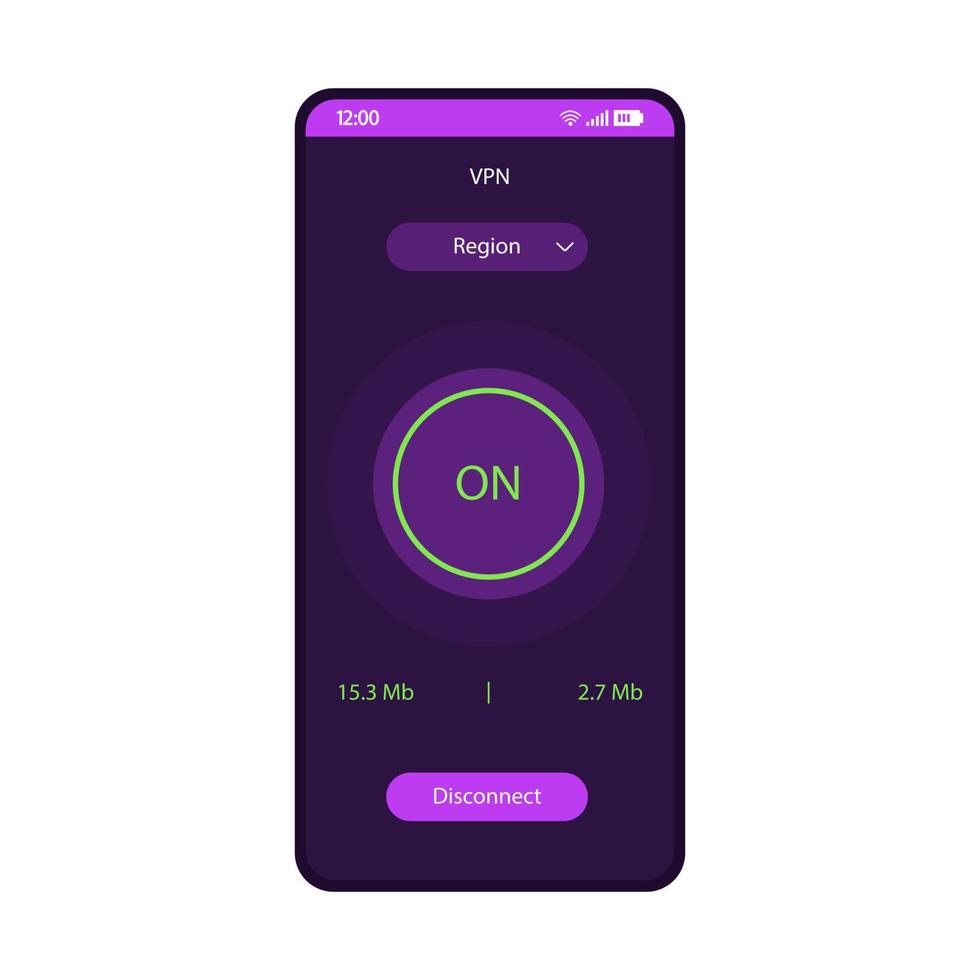 VPN app smartphone interface vector template. Mobile proxy server page purple design layout. Virtual Private Network client application screen. Flat UI. On, region, disconnect buttons on phone display