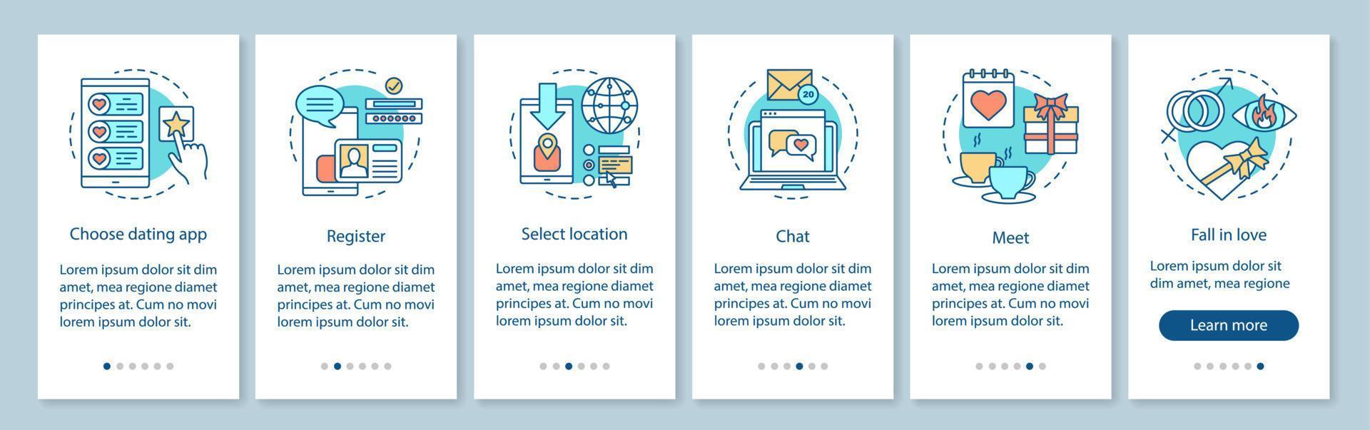 Online dating app onboarding mobile page screen vector template. Choose, register, select location, chat, meet, fall in love steps with linear illustrations. UX, UI, GUI smartphone interface concept