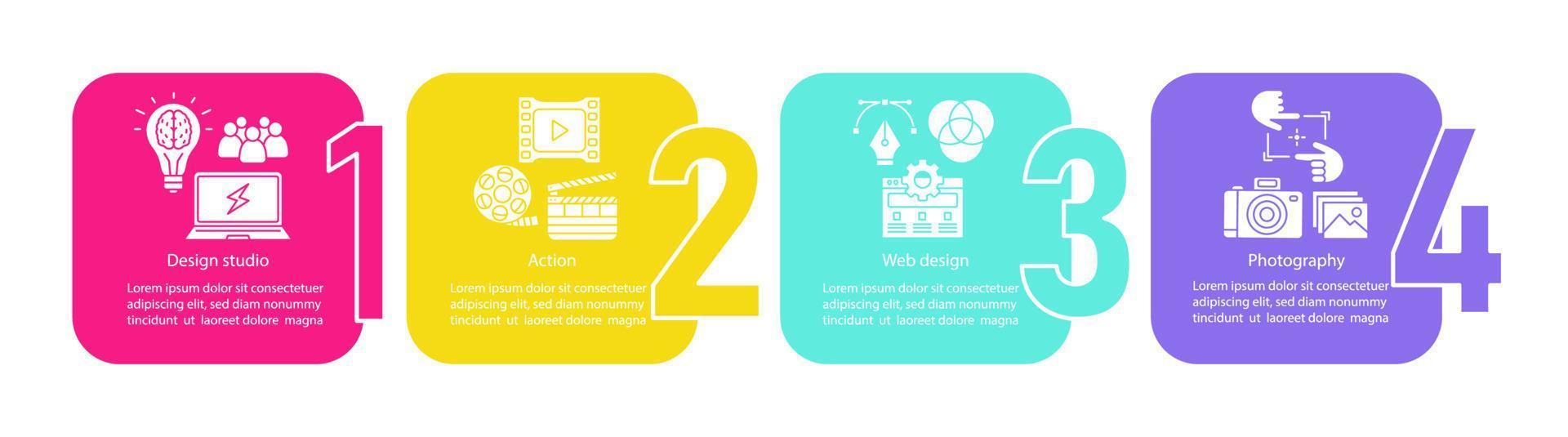 plantilla infográfica vectorial de diseño web. fotografía, estudio de diseño, acción. visualización de datos con cuatro pasos y opciones. gráfico de línea de tiempo del proceso. diseño de flujo de trabajo con iconos vector