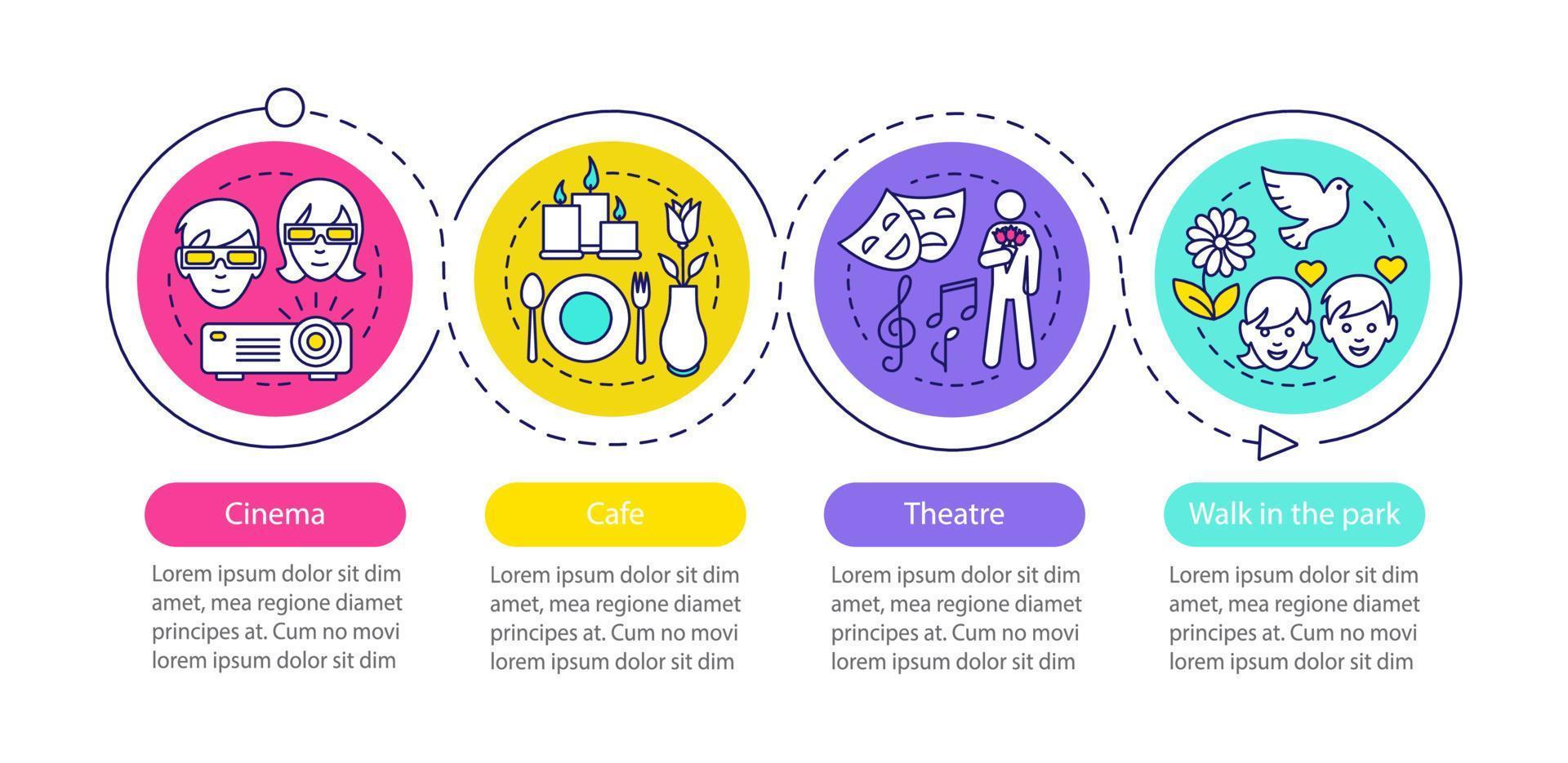 plantilla de infografía vectorial de primera fecha. cine, teatro, cafetería, parque a pie. elemento de diseño de presentación. citas y romance. pasos y opciones de visualización de datos. gráfico de línea de tiempo del proceso. diseño de flujo de trabajo vector