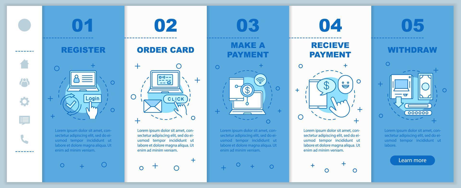 Payment system onboarding mobile web pages vector template. Money transfer. Responsive smartphone website interface idea with linear illustrations. Banking. Webpage walkthrough step screens concept