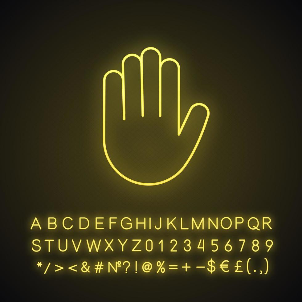 Raised hand neon light icon. High five emoji. Stop hand gesture. Palm. Glowing sign with alphabet, numbers and symbols. Vector isolated illustration