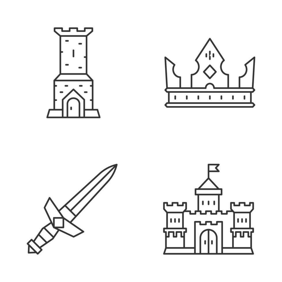 conjunto de iconos lineales medievales. torre del castillo, corona del rey, espada de metal, castillo del señor... símbolos de contorno de línea delgada. ilustraciones aisladas de contorno vectorial. trazo editable.. vector