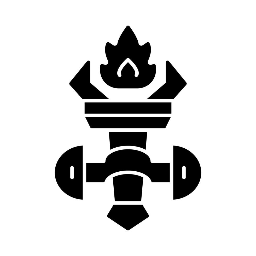 Medieval burning torch glyph icon. Ancient wall light, lamp. Fire cresset in holder on wall. Silhouette symbol. Negative space. Vector isolated illustration