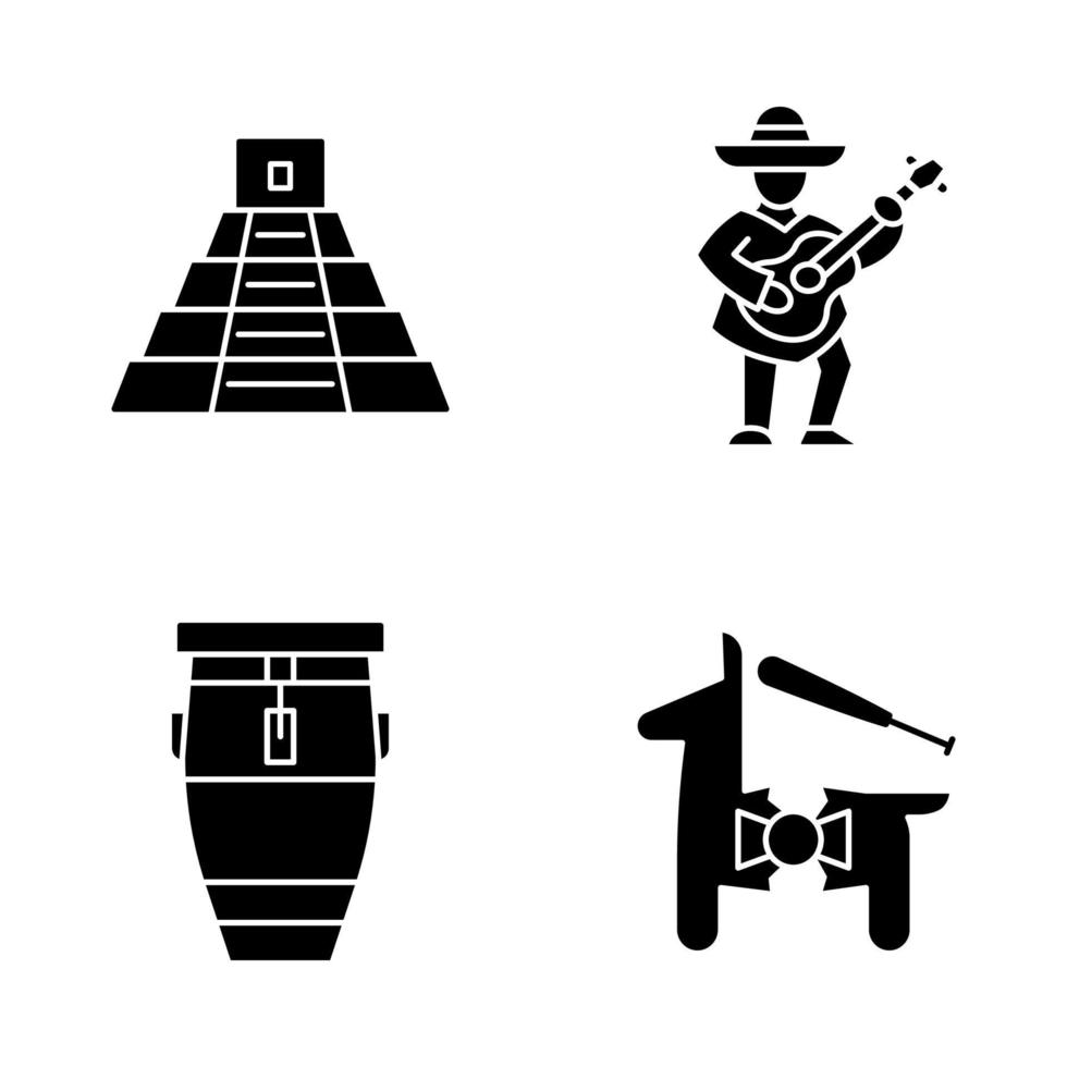 Mexican culture glyph icons set. Latin America attractions, entertainment. Cinco de Mayo festival. Mexican pyramide, guitar player, conga drum, pinata. Silhouette symbols. Vector isolated illustration