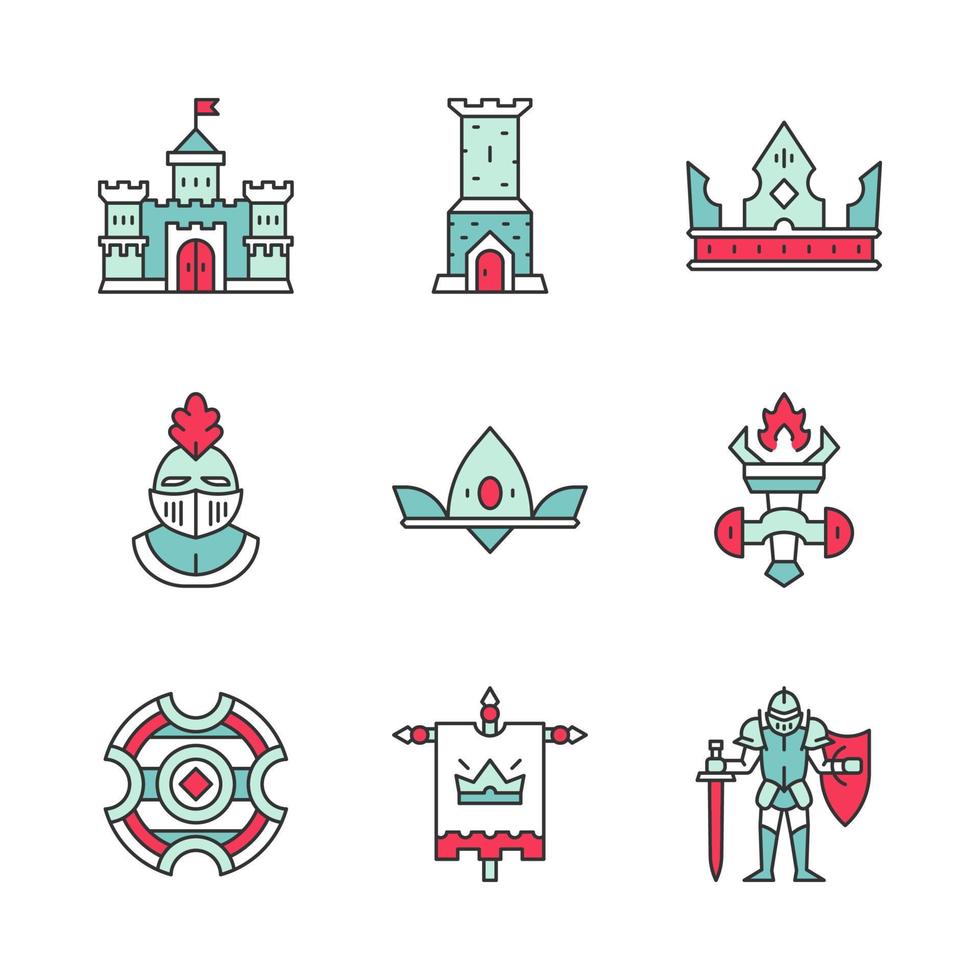 Medieval color icons set. King palace, castle tower, king crown, knight helmet, queen crown, burning torch in holder, shield, royal flag, knight in full suit of armor. Isolated vector illustrations