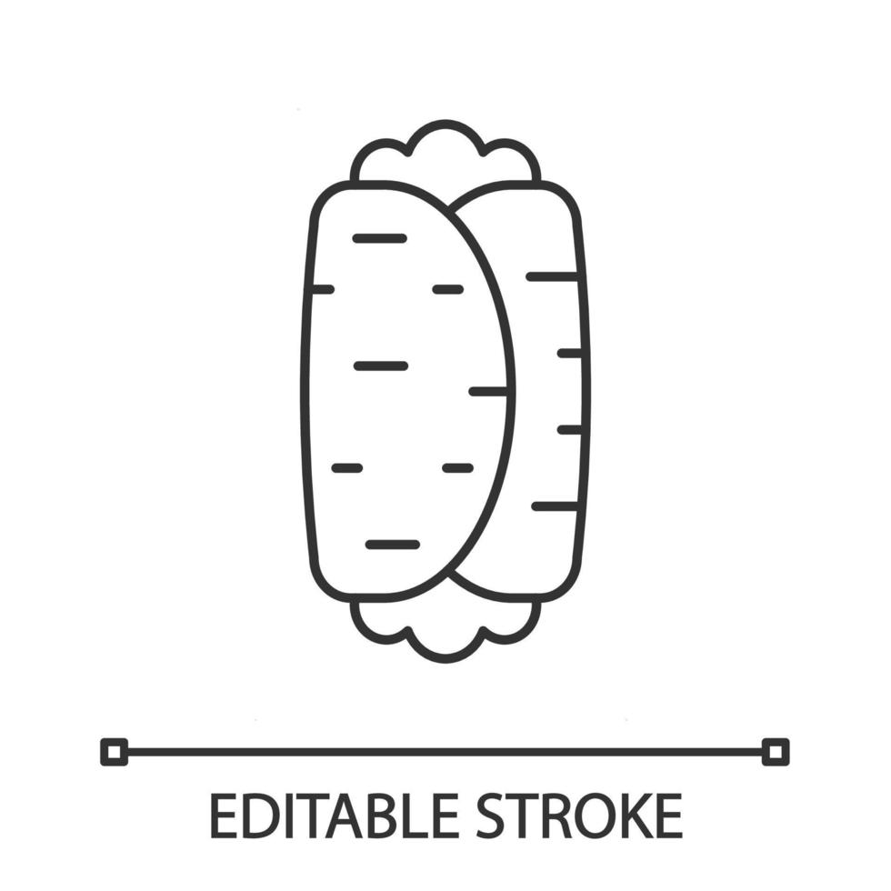 Burrito linear icon. Traditional Mexican dish. Fast food. Kebab. Thin line illustration. Contour symbol. Vector isolated outline drawing. Editable stroke