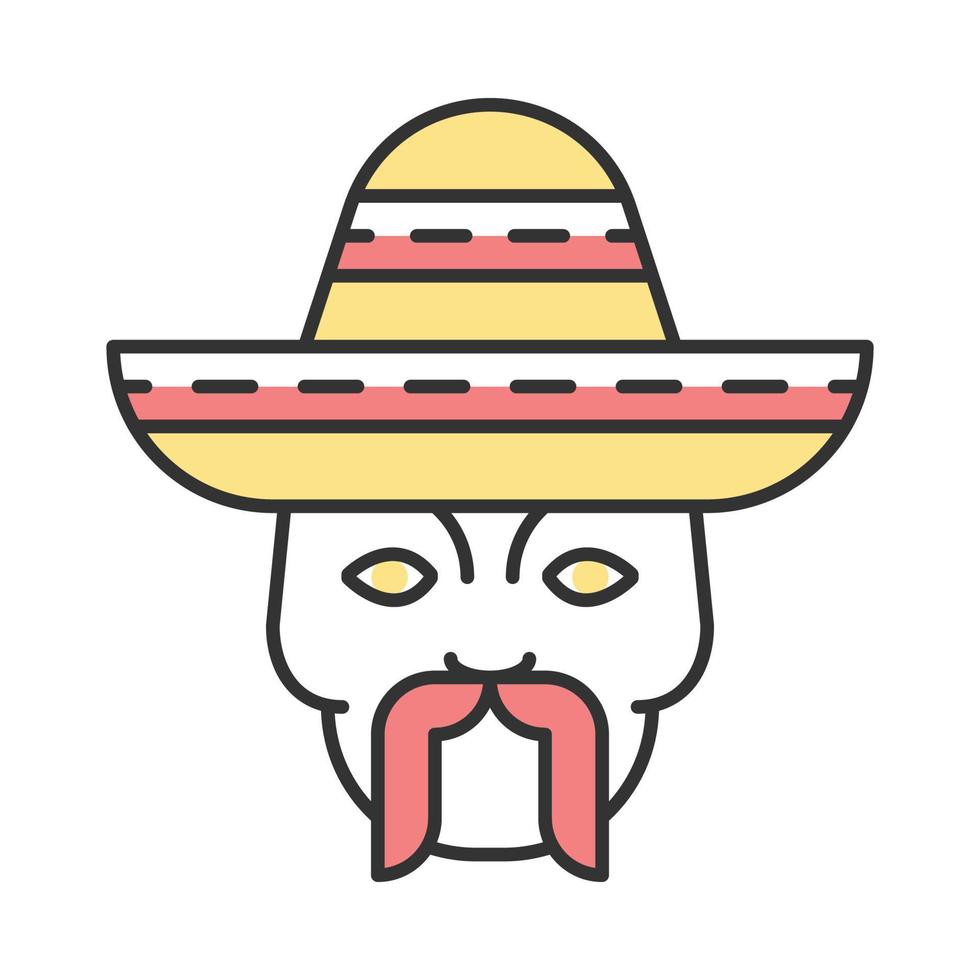 Head with mustache and sombrero color icon. Macho. Traditional mexican man. Isolated vector illustration