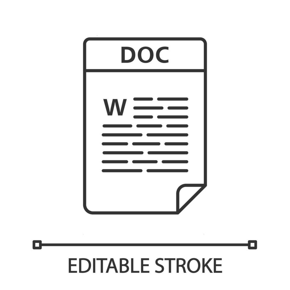 DOC file linear icon. Word processing document. Text file format. Thin line illustration. Contour symbol. Vector isolated outline drawing. Editable stroke