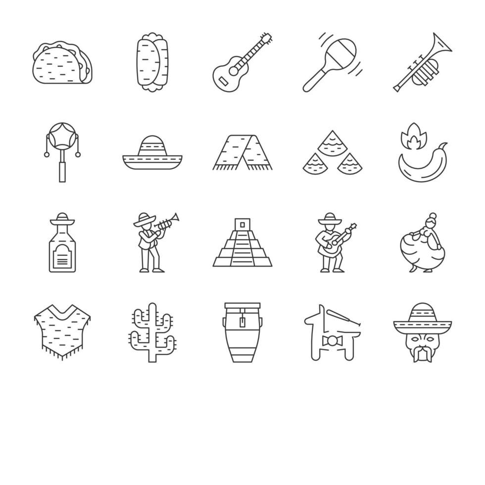 conjunto de iconos lineales de la cultura mexicana. festividad del cinco de mayo. comida tradicional mexicana, instrumentos musicales, gente, diversión. símbolos de contorno de línea delgada. ilustraciones aisladas de contorno vectorial. trazo editable vector