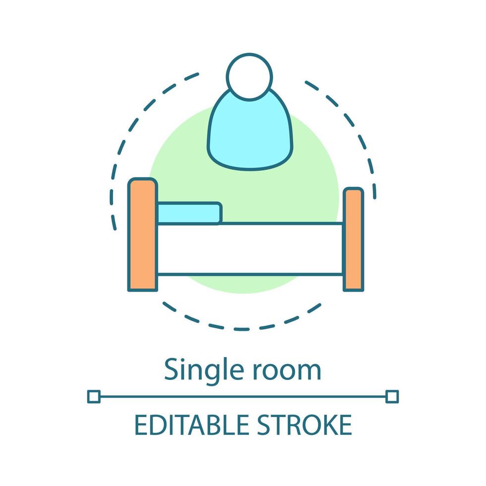 Single room concept icon. One person hotel suite. Business traveller. Hostel, dormitory booking. Comfort accommodation idea thin line illustration. Vector isolated outline drawing. Editable stroke