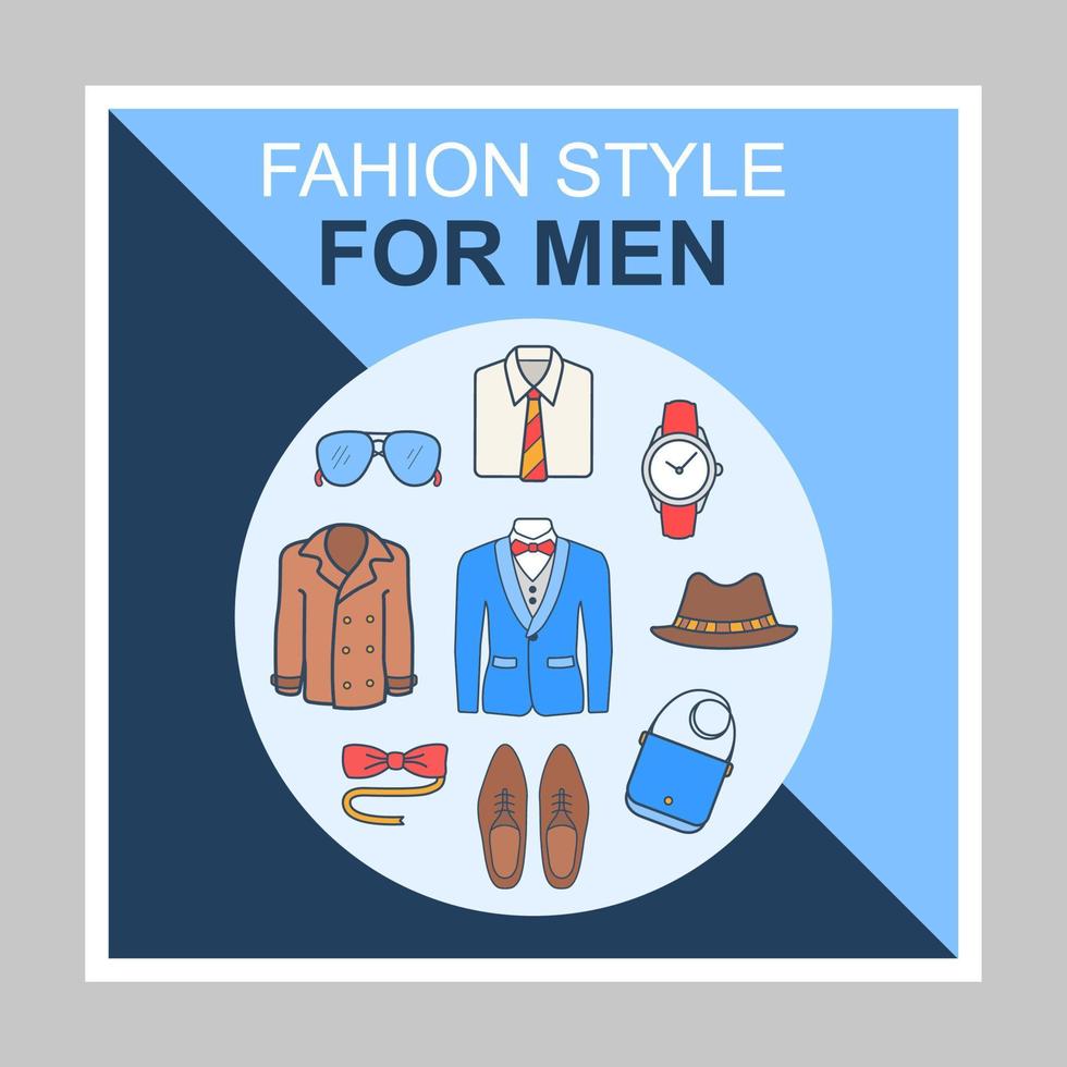 Mens fashion style social media posts mockup. Clothes store. Advertising web banner design template. Social media booster, content layout. Isolated promotion border, frame with headlines, linear icons vector