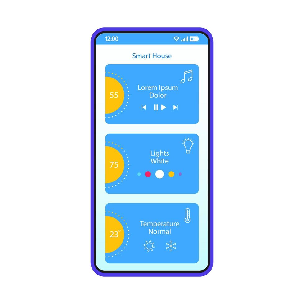 plantilla de vector de interfaz de teléfono inteligente de aplicación de casa inteligente. diseño de diseño azul de página móvil. Luz, calefacción, pantalla de mando a distancia de electrodomésticos. interfaz de usuario plana para la aplicación. sistema de domótica. pantalla del teléfono