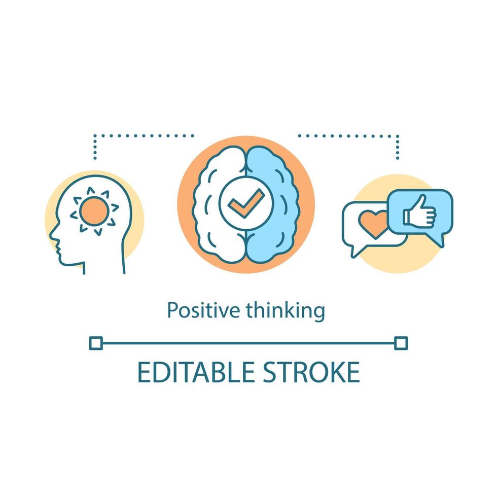 Positive thinking concept icon. Mental health. Mindfulness. Optimism. Stress tolerance. Idea thin line illustration. Vector isolated outline drawing. Editable stroke