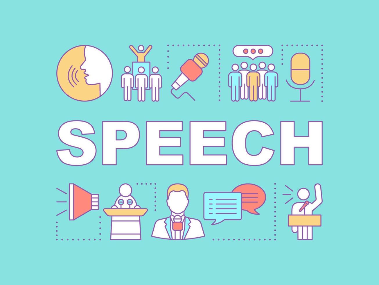 Speech word concepts banner. Public speaking, oratory skills. Leader, politician, orator. Presentation, website. Isolated lettering typography idea with linear icons. Vector outline illustration