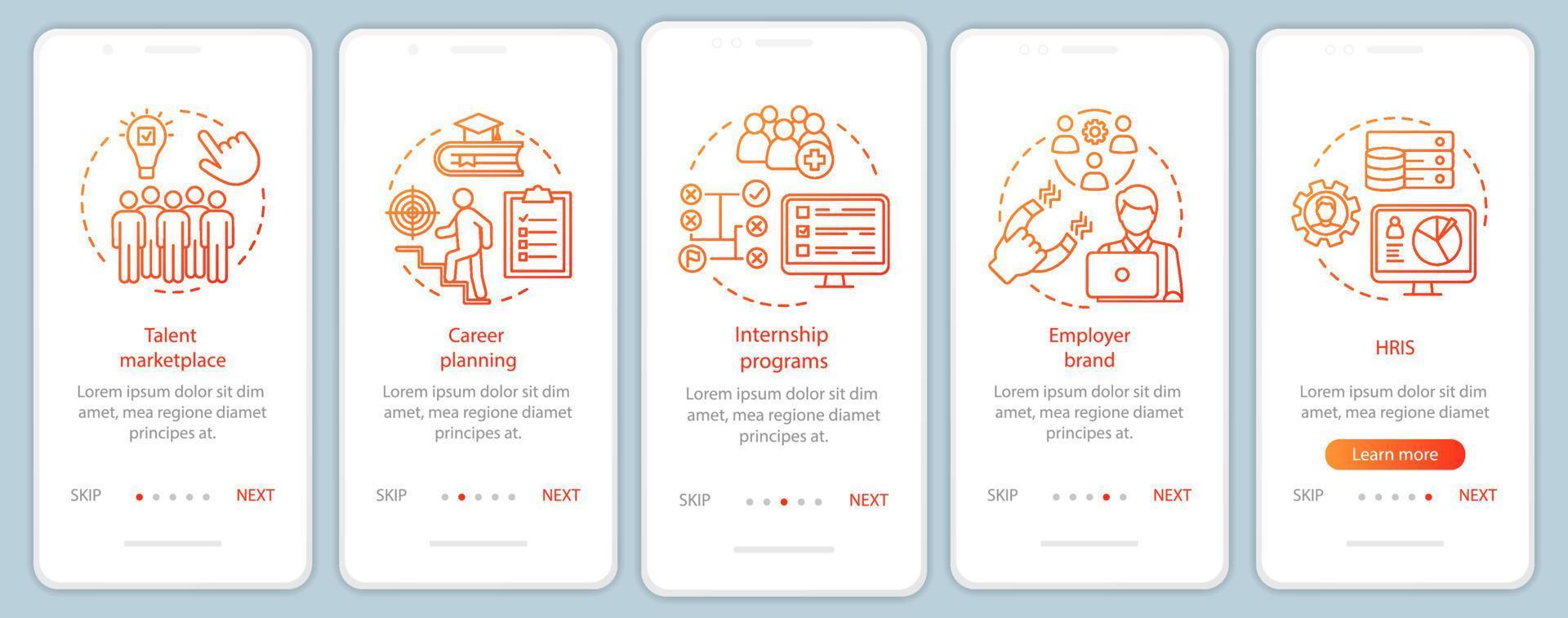 Talent management onboarding mobile app page screen with linear concepts. Marketplace. HRIS. Internship program walkthrough steps graphic instructions. UX, UI, GUI vector template with illustrations