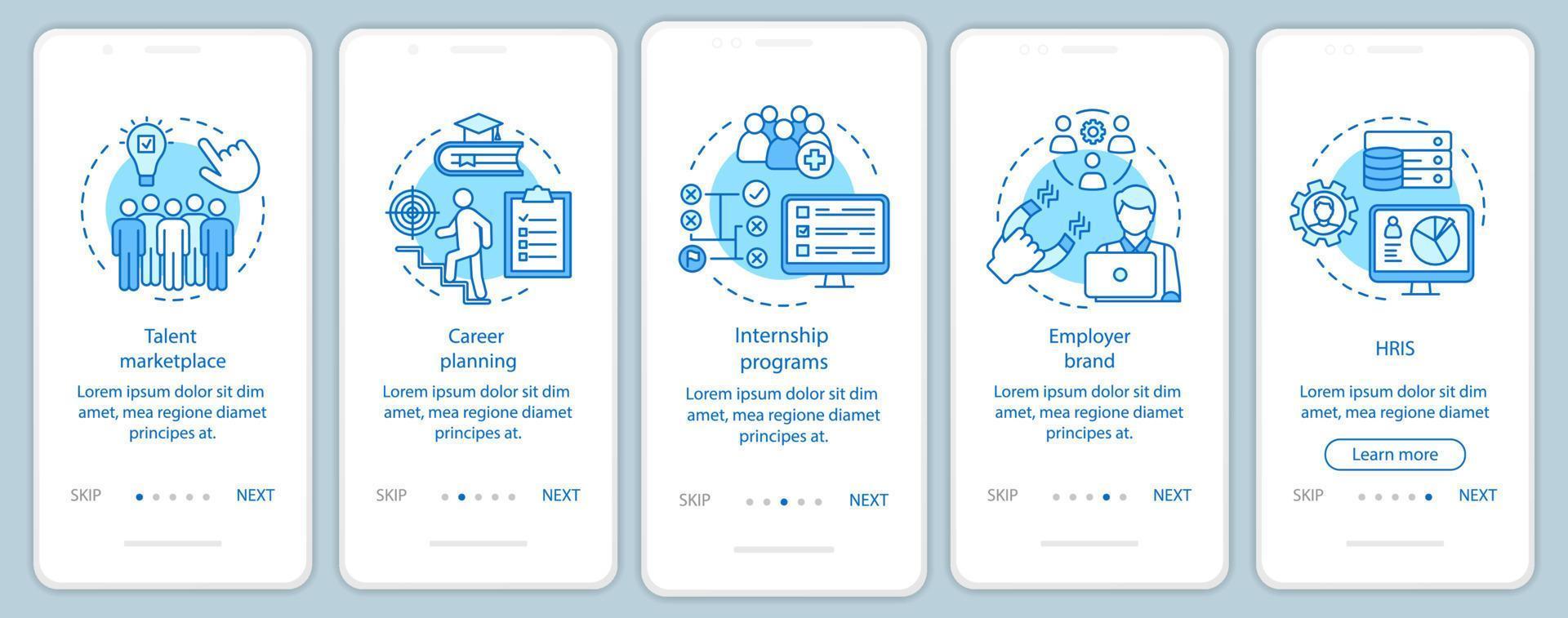 plantilla de vector de pantalla de página de aplicación móvil de incorporación de gestión de talento. mercado. programa de internos. hris. paso a paso del sitio web, ilustraciones lineales. ux, ui, concepto de interfaz de teléfono inteligente gui