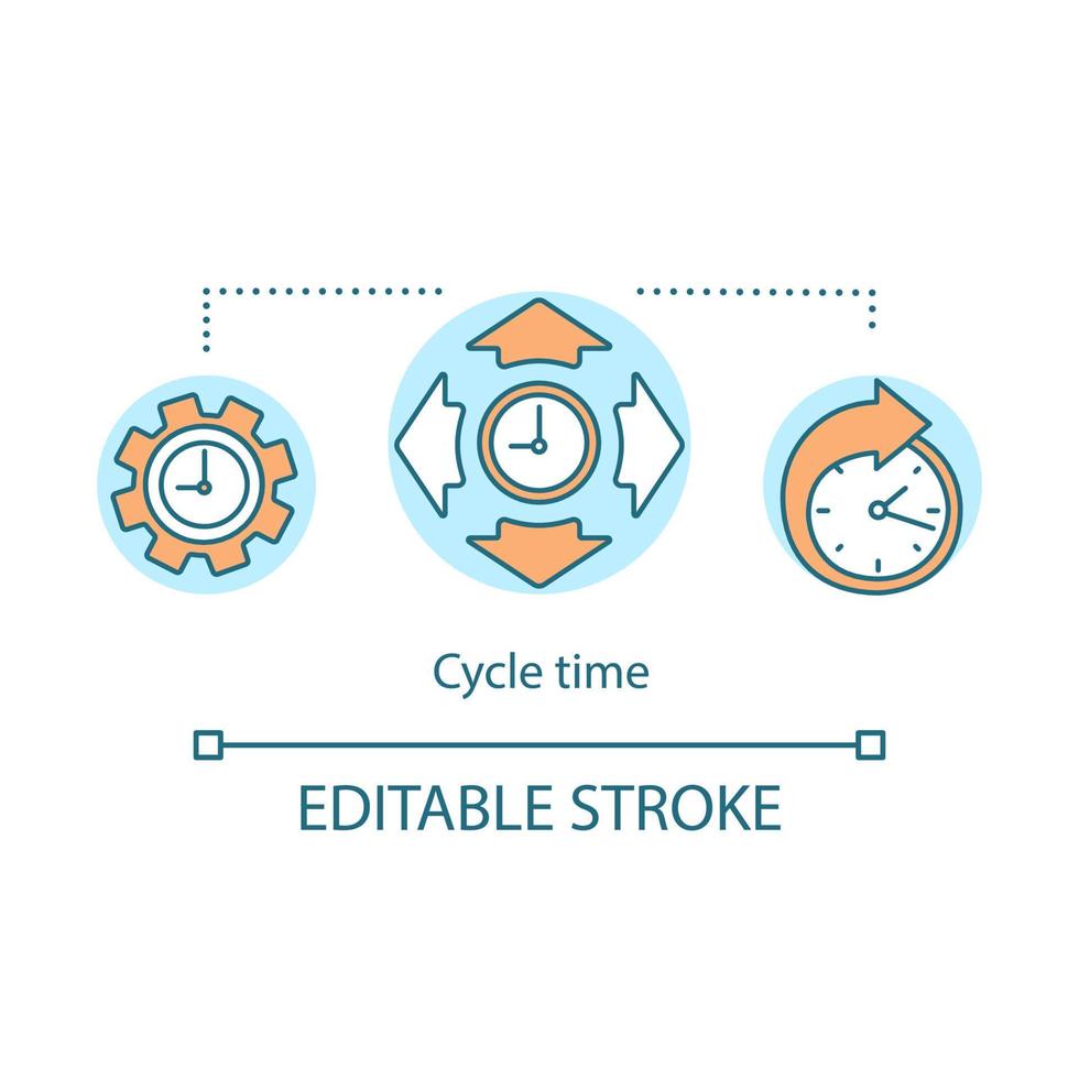 Cycle time concept icon. Workflow optimization idea thin line illustration. Work time management. Clock and arrows. Production process. Vector isolated outline drawing. Editable stroke