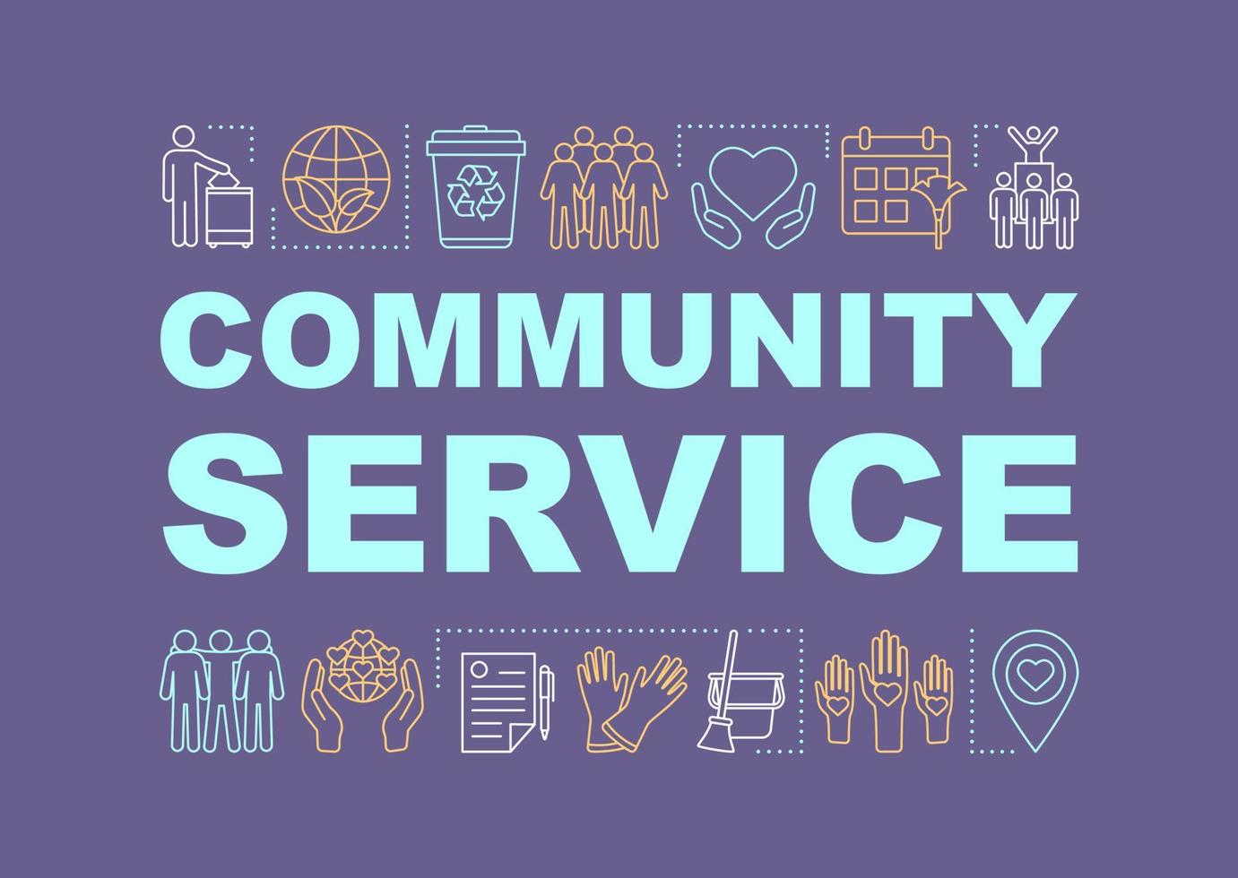 Community service word concepts banner. Volunteering. NGO. Nonprofit organization. Presentation, website. Isolated lettering typography idea with linear icons. Vector outline illustration