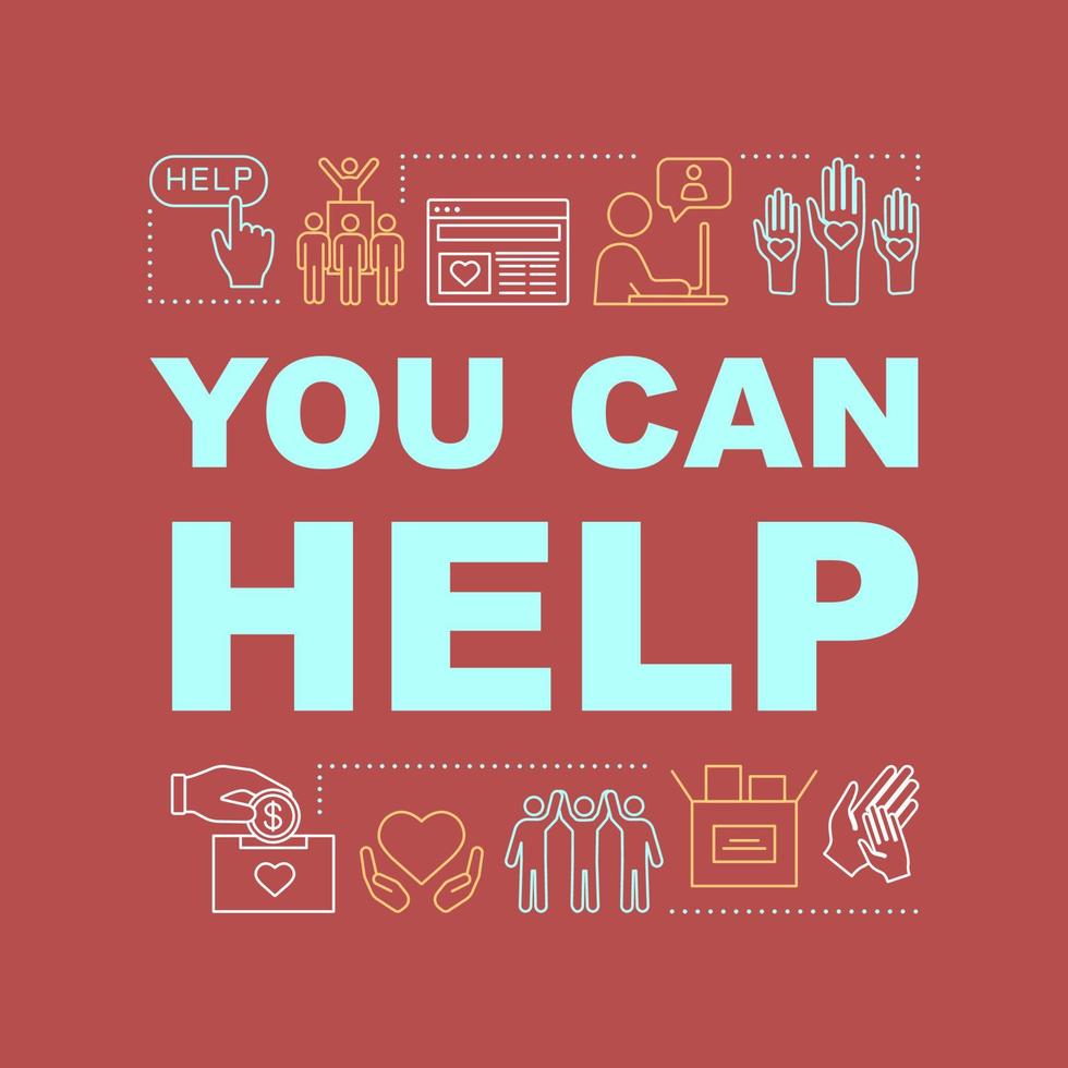 Volunteering abroad program word concepts banner. Nonprofit organization. Charitable fundraising and help. Presentation, website. Isolated lettering idea with linear icons. Vector outline illustration