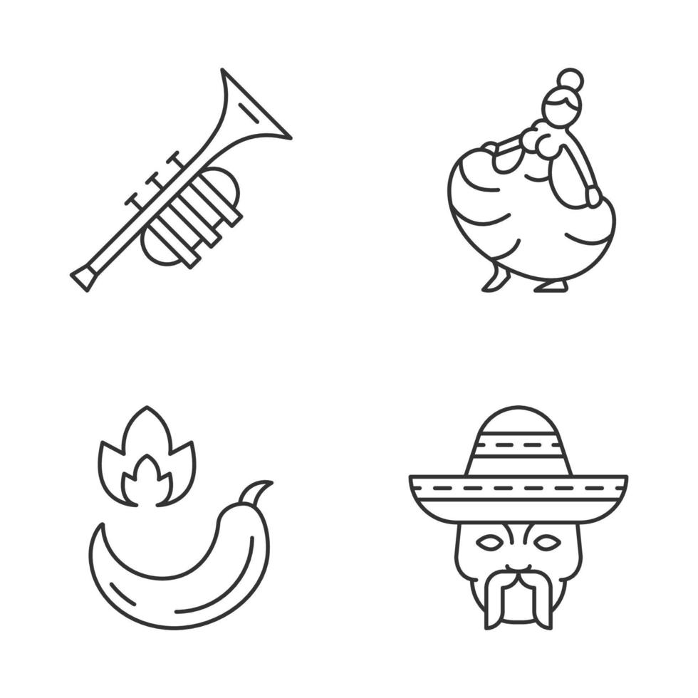 conjunto de iconos lineales mexicanos. musica latinoamericana, comida, gente, baile. símbolos de contorno de línea delgada. ilustraciones aisladas de contorno vectorial. trazo editable vector