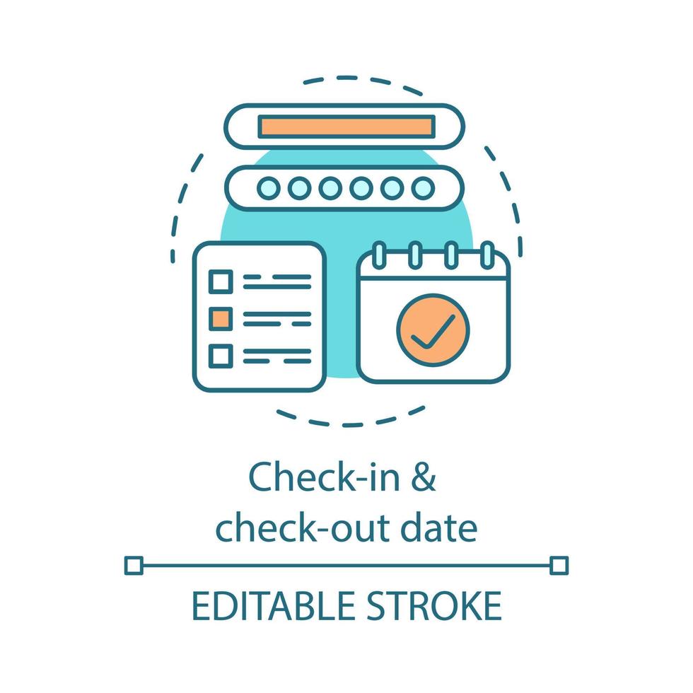 Check-in and check-out term concept icon. Self-planned travel. Calendar, arrival and departure date. Booking hotel idea thin line illustration. Vector isolated outline drawing. Editable stroke