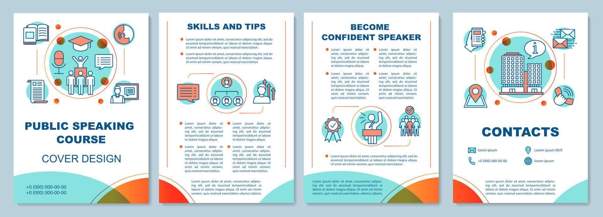 Public speaking course brochure template layout. Professional speakers classes. Flyer, booklet, leaflet print design with linear illustrations. Vector page layouts for magazines, reports, posters