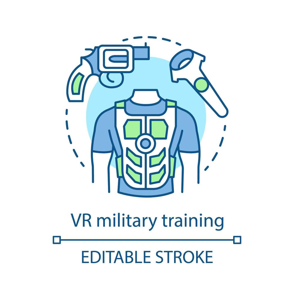 icono de concepto de entrenamiento militar vr. simulación del campo de batalla. equipo de realidad virtual. práctica de soldado vr. simulador de vuelo idea iconos de línea delgada. dibujo de contorno aislado vectorial. trazo editable vector