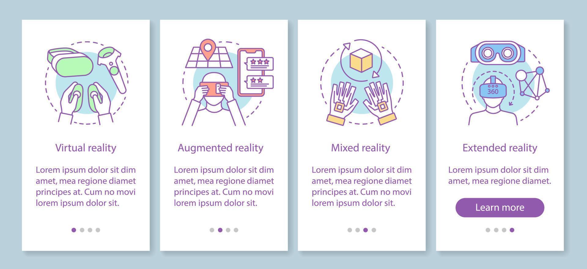 VR technology onboarding mobile app page screen with linear concept. Virtual, augmented, mixed, extended realities walkthrough steps graphic instructions. UX, UI vector