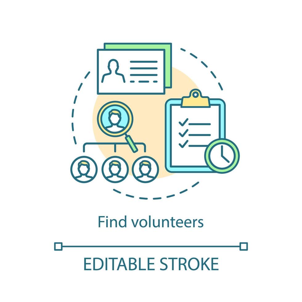 Find volunteers concept icon. Recruitment for volunteering. Personnel search idea thin line illustration. Vector isolated outline drawing. Editable stroke