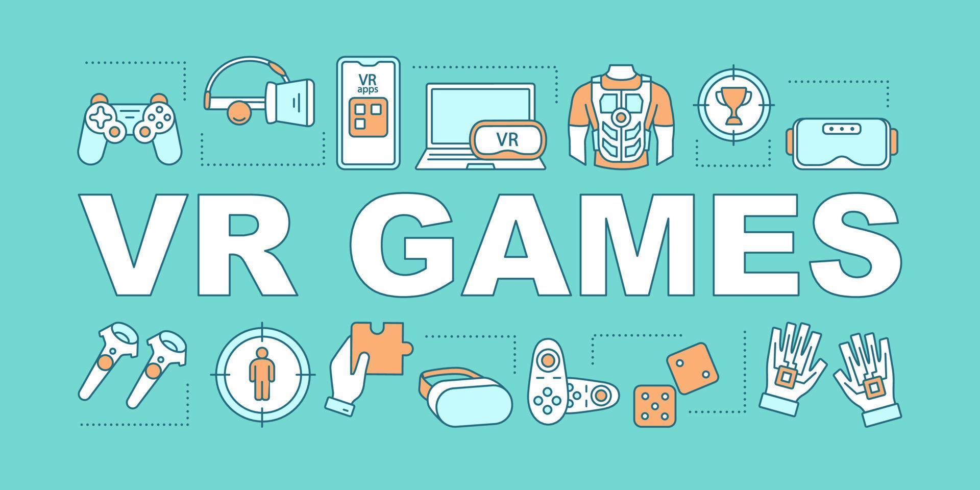 VR games word concepts banner. Headset, haptic gloves, suit, joystick. Game gadgets. Presentation, website. Isolated lettering typography idea with linear icons. Vector outline illustration