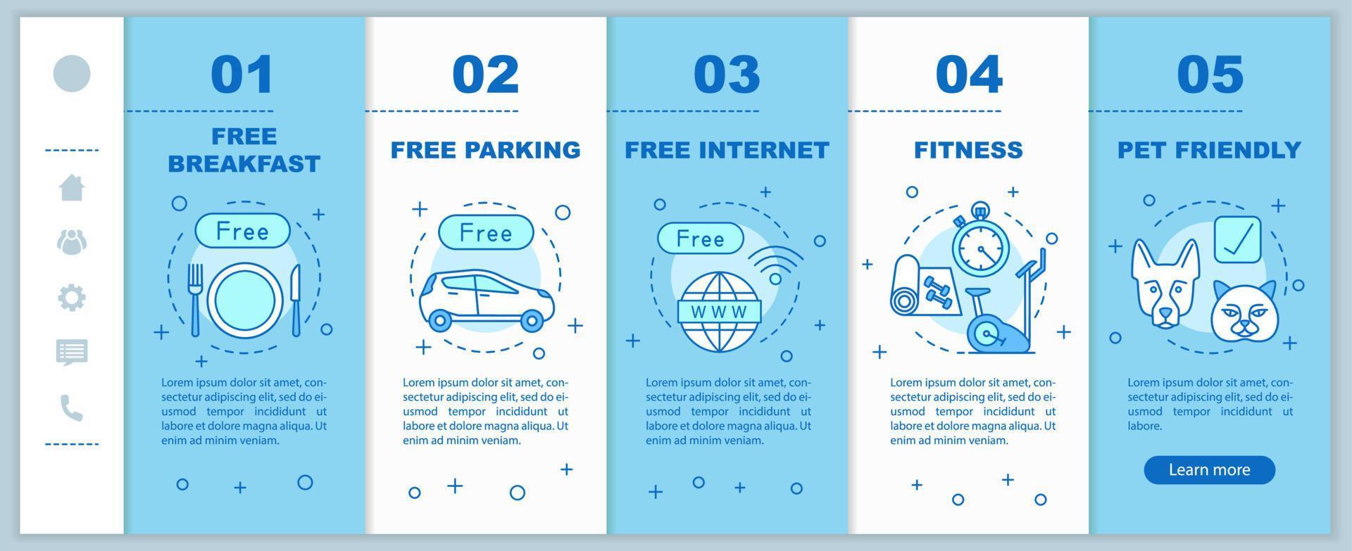 comodidades de la habitación que incorporan la plantilla vectorial de páginas web móviles. instalaciones y servicios hoteleros. todo incluido. idea de interfaz de sitio web de teléfono inteligente sensible. pantallas de pasos del tutorial de la página web. concepto de color vector