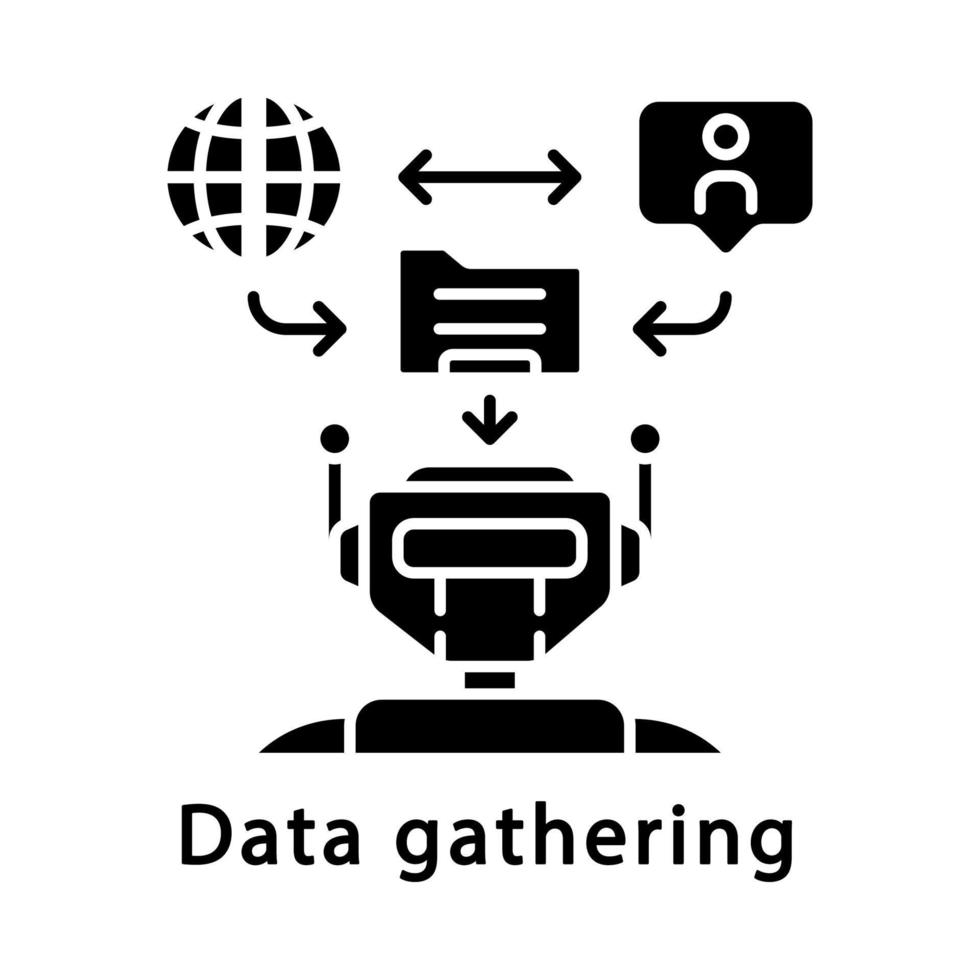 Data gathering glyph icon. Robot sorting and analyzing information. Web statistics extraction. RPA. Artificial intelligence worker. Silhouette symbol. Negative space. Vector isolated illustration
