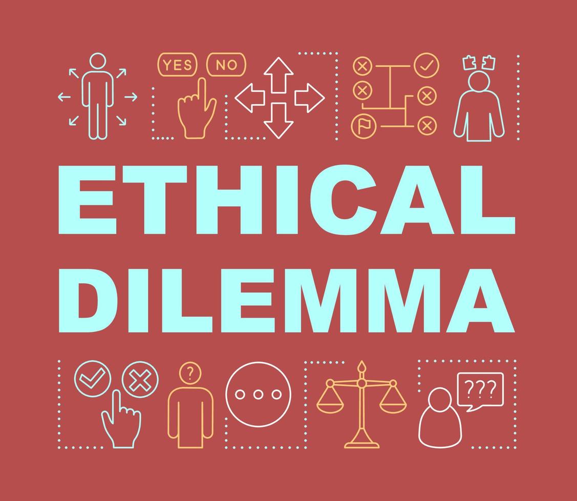 Ethical dilemma word concepts banner. Moral choice, solution. Ethical decision making. Presentation, website. Isolated lettering typography idea with linear icons. Vector outline illustration