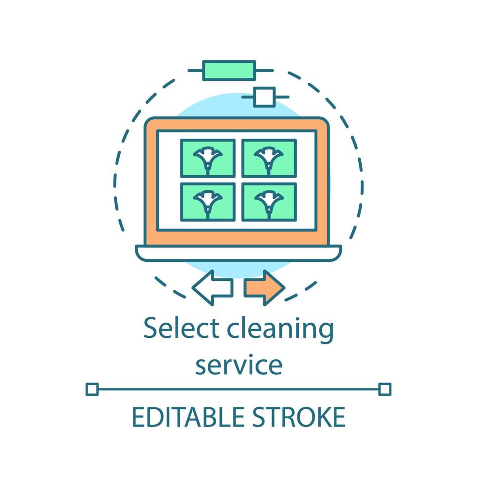 Select cleaning service concept icon. Cleaning agency booking idea thin line illustration. Web form filling. Cleanup planning. Laptop screen. Vector isolated outline drawing. Editable stroke