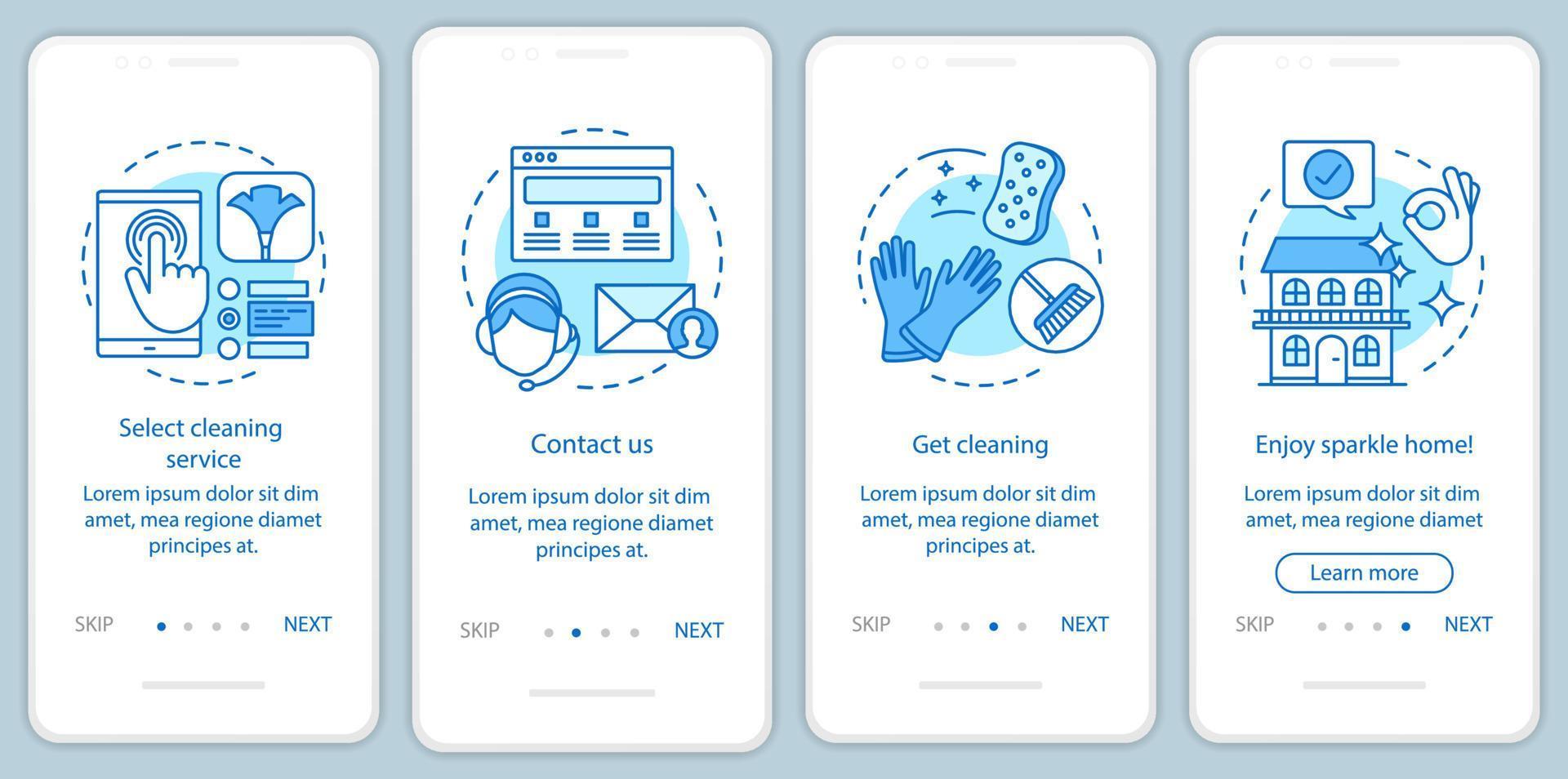 pantalla de la página de la aplicación móvil de incorporación de la reserva del servicio de limpieza, conceptos lineales. planificación de la limpieza del hogar. instrucciones gráficas de cuatro pasos de recorrido. ux, ui, plantilla vectorial gui con ilustraciones vector