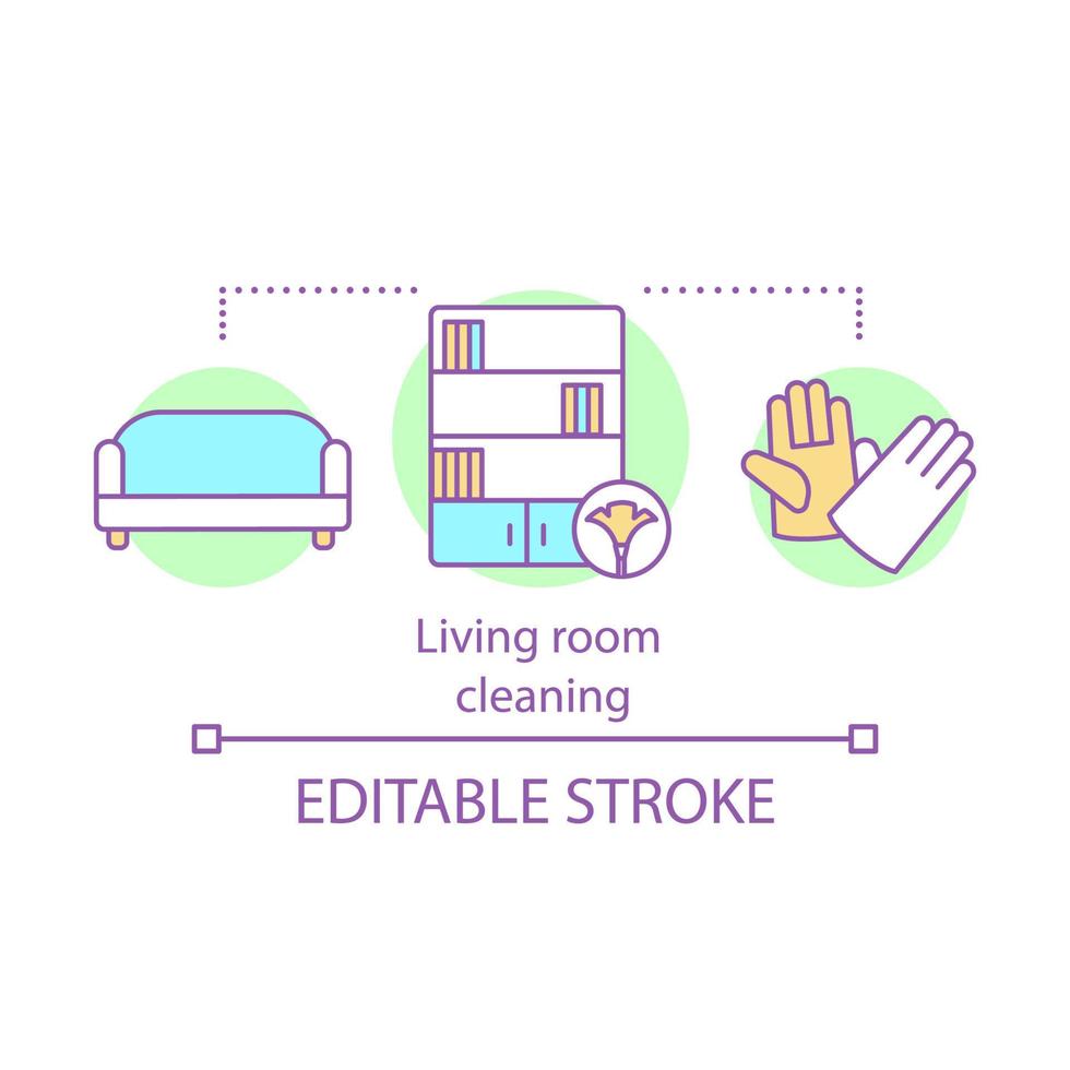 Living room cleaning concept icon. Home cleanup idea thin line illustration. Sofa dry cleaning. Clutter clearing. Mopping, wiping, dusting. Vector isolated outline drawing. Editable stroke