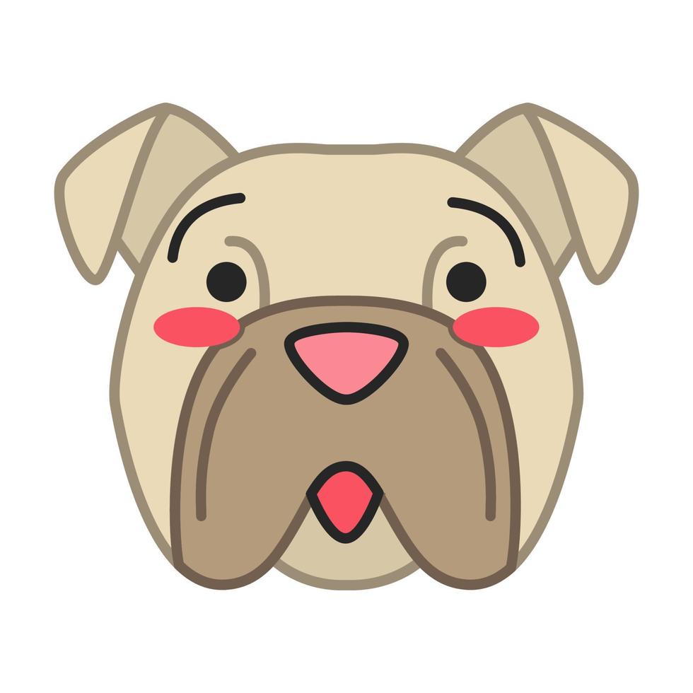 Bulldog cute kawaii vector character. Dog with hushed muzzle. Embarrassed domestic doggie. Flushed animal with open mouth. Funny emoji, sticker, emoticon. Isolated cartoon color illustration