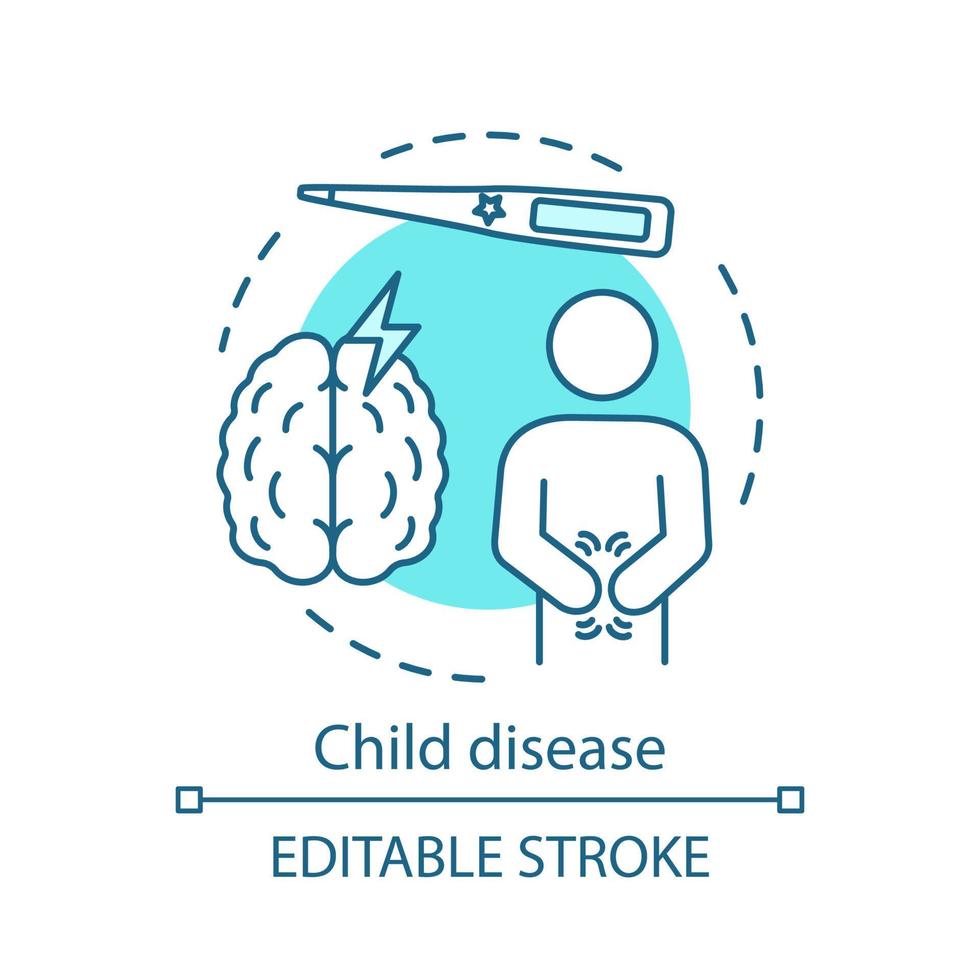 Child disease concept icon. Disease symptoms. Infection. Temperature measurement. Sick kid. Pediatric health care service idea thin line illustration. Vector isolated outline drawing. Editable stroke