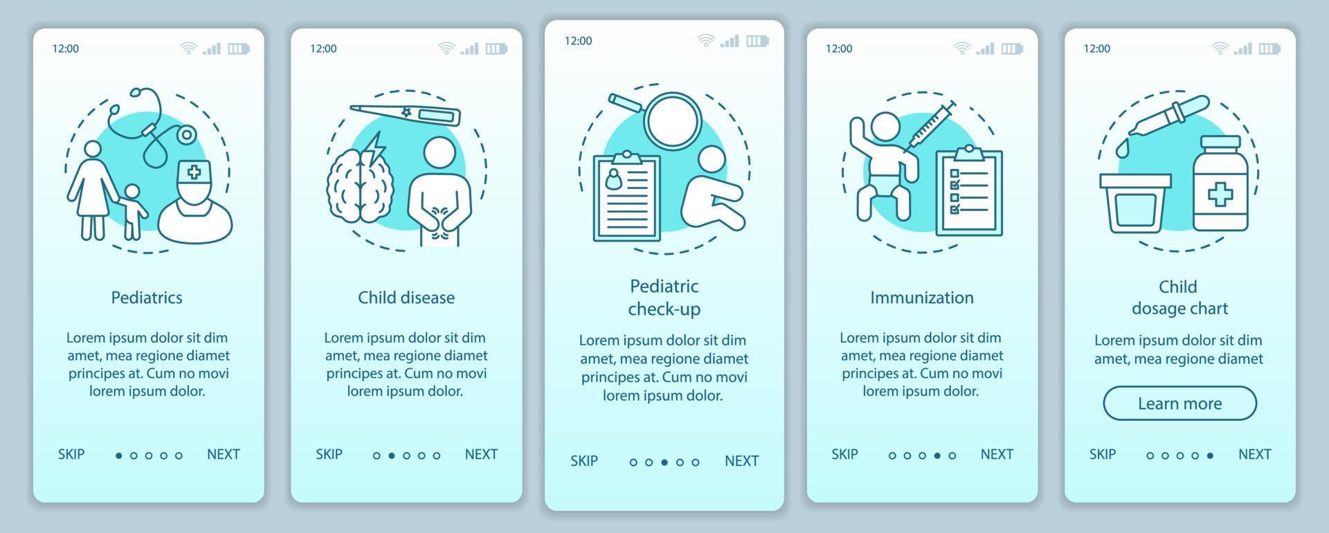 plantilla de vector de pantalla de página de aplicación móvil de incorporación de pediatría. enfermedad infantil, chequeo, inmunización,. paso a paso del sitio web con ilustraciones lineales. ux, ui, concepto de interfaz de teléfono inteligente gui