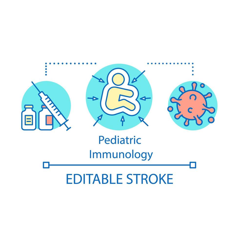 icono del concepto de inmunología pediátrica. inmunidad infantil. vacunación. virus e infección bacteriana. ilustración de línea delgada de idea de atención médica para niños. dibujo de contorno aislado vectorial. trazo editable vector