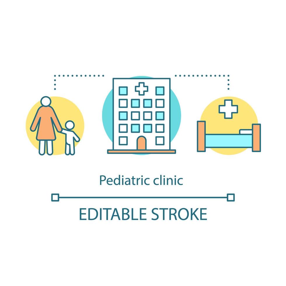 Pediatric clinic concept icon. Kids health care and check up. Baby diagnostic and treatment. Hospital child service idea thin line illustration. Vector isolated outline drawing. Editable stroke