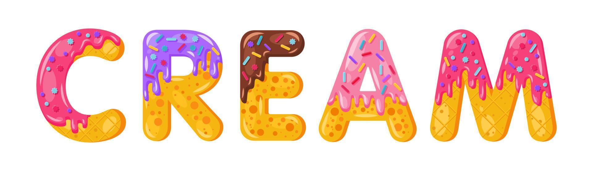 donut dibujos animados crema galleta estilo de fuente en negrita. mayúsculas vidriadas. tentadora tipografía de diseño plano. galletas, letras de chocolate. Fondo blanco. pastelería, panadería, waffle aislado vector clipart