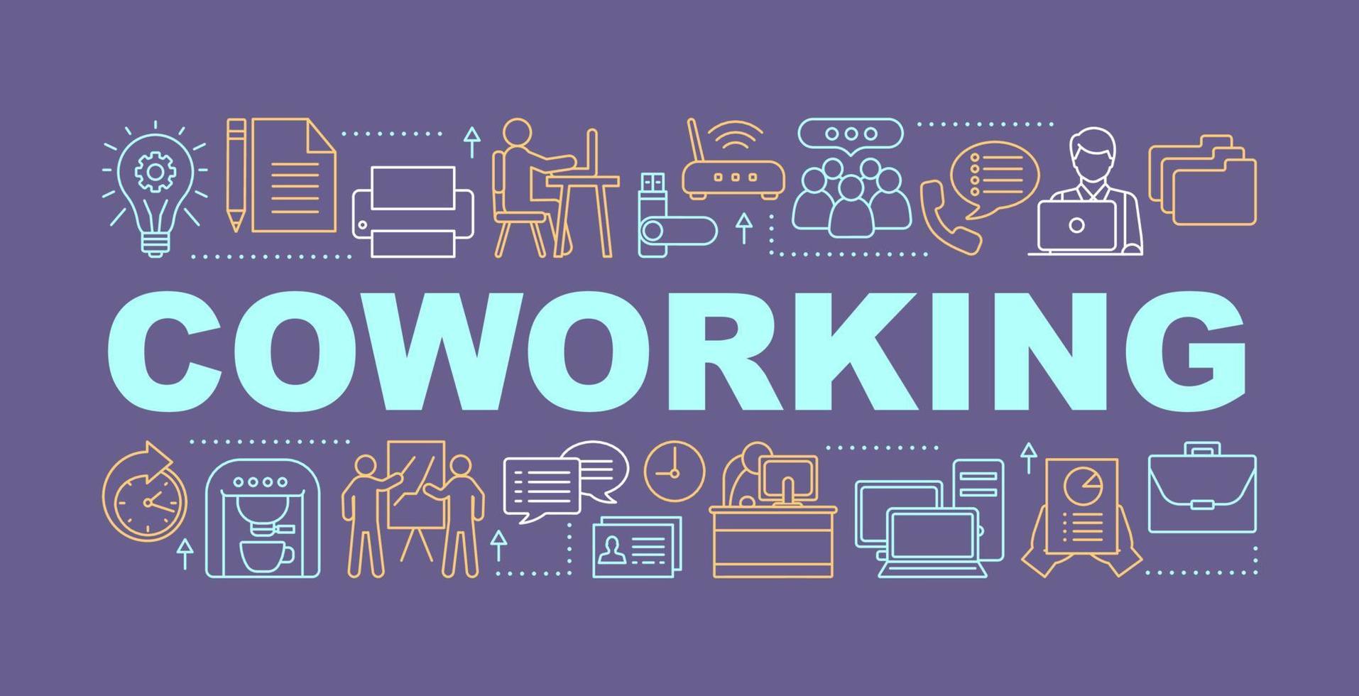 Coworking word concepts banner. Office work. Secretary. Management. Workplace. Isolated lettering typography idea with linear icons. Vector outline illustration
