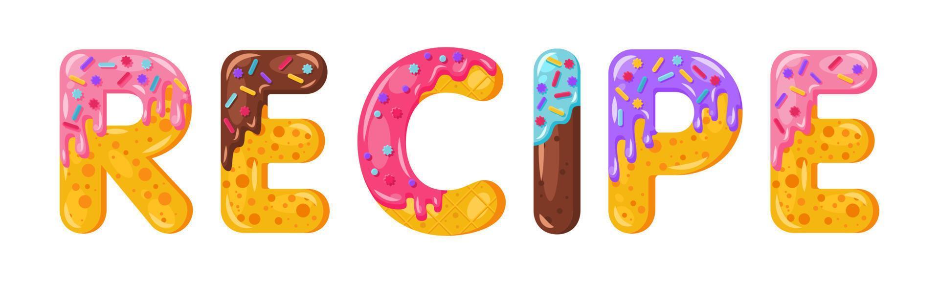 estilo de fuente en negrita de galleta de receta de dibujos animados de donut. mayúsculas vidriadas. tentadora tipografía de diseño plano. galletas, letras de chocolate. Fondo blanco. pastelería, panadería, waffle aislado vector clipart